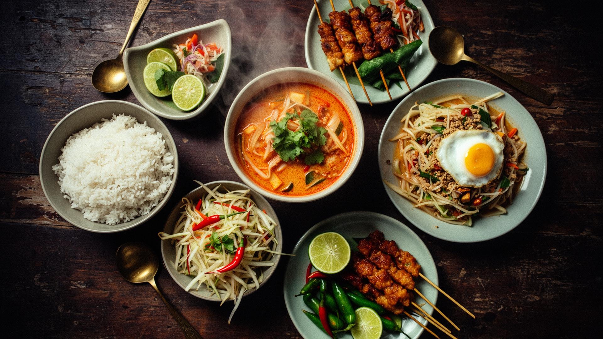 A spread of authentic Thai dishes on a vintage wooden table