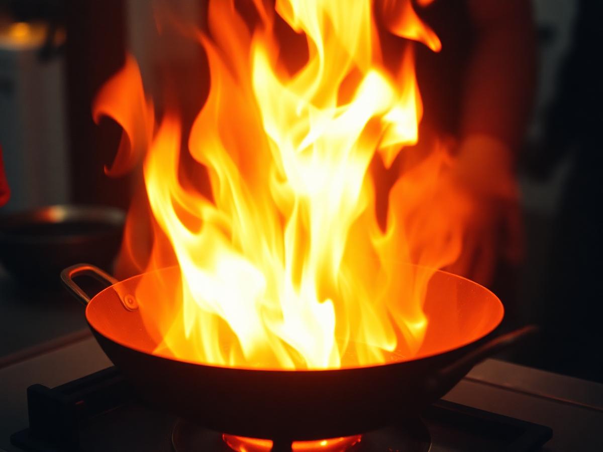 A wok engulfed in flame